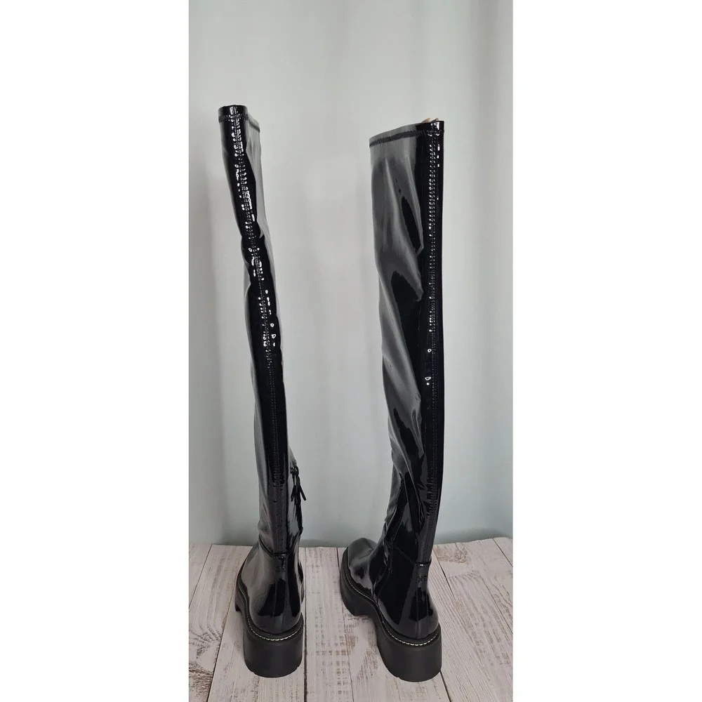 Sam Edelman Lydia Black Patent Over The Knee Lug Sole Boots I3399S1001  6.5M *